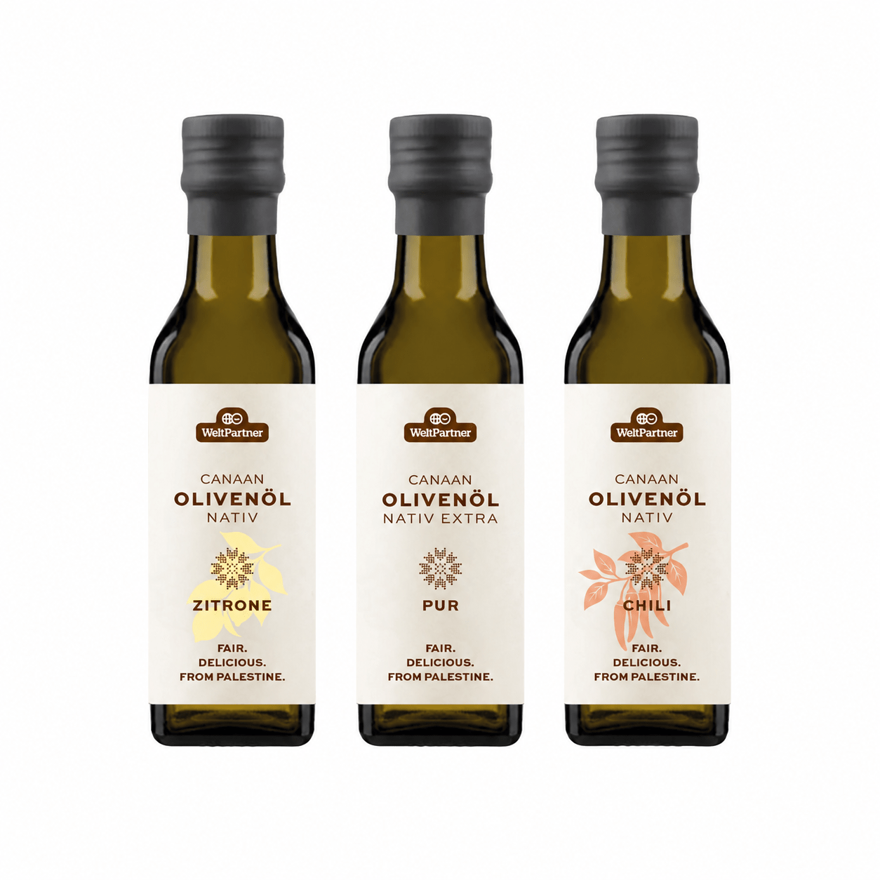 Olivenöl-Set aus Palästina: Pur, Zitrone & Chili – 3 × 100 ml Olivenöl WeltPartner